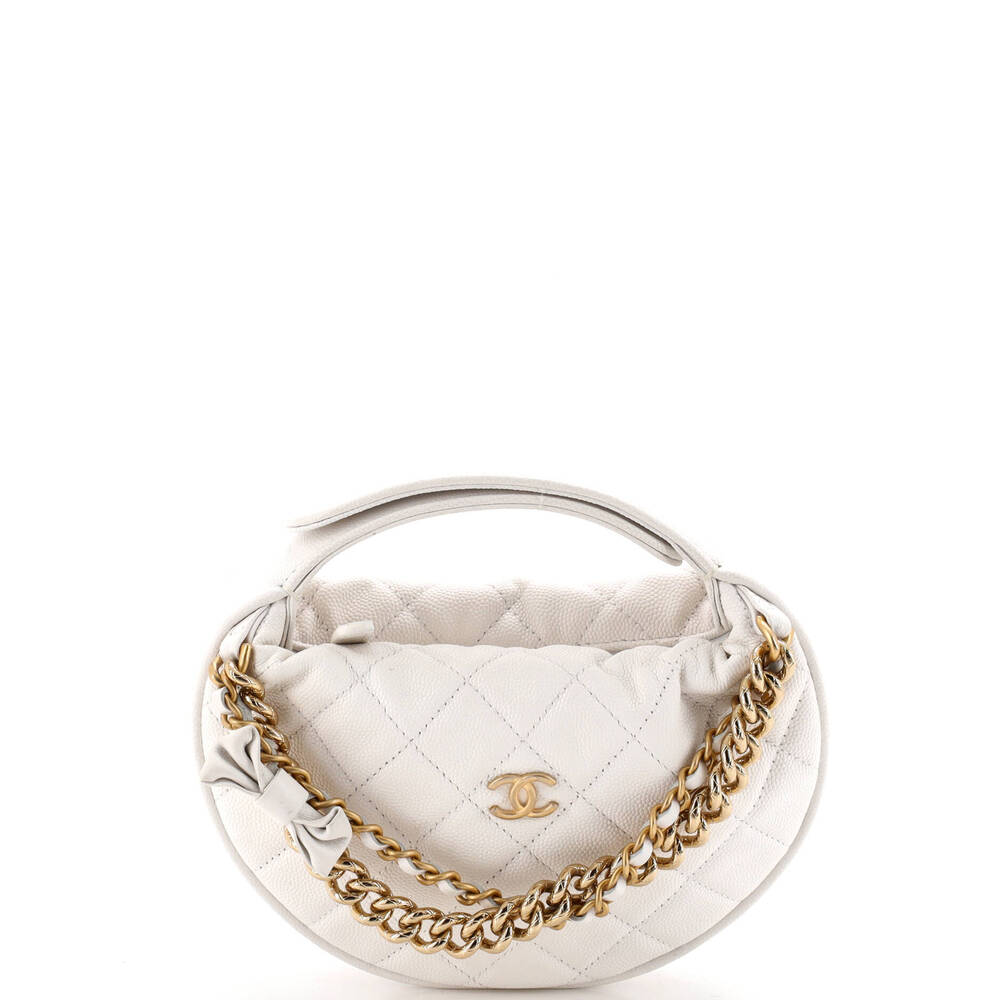 Chanel Mini Double Chain Bow Hobo Pouch Quilted Caviar